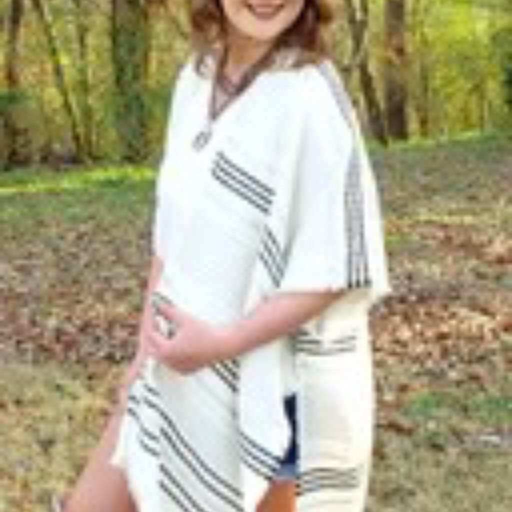 Stitched Striped Shawl With Fretted Ends Stitched Striped Shawl With Fretted Ends